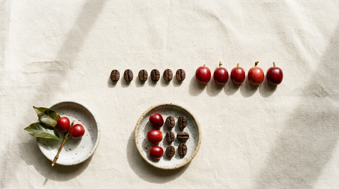 Granos de café de especialidad y cerezas seleccionadas con estética minimalista